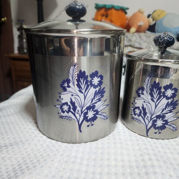TRAMONTINA EUC STAINLESS 18/10 3 PIECE LEAF CANISTER SET WITH MATCHING KNOB LIDS - Picture 3 of 12